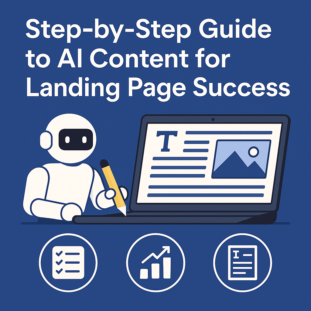 Illustration of a friendly robot writing content on a laptop screen showing a landing page layout, symbolizing AI-powered content creation. The title reads “Step-by-Step Guide to AI Content for Landing Page Success,” with icons below representing checklists, analytics, and documents.