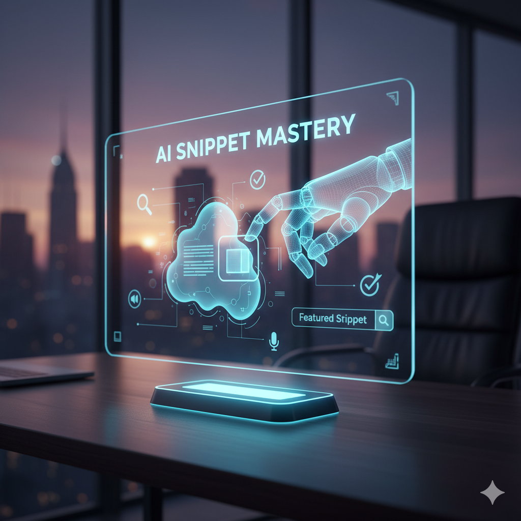 A holographic display on a desk in an office setting, showing the title "AI SNIPPET MASTERY" with a wireframe AI hand interacting with a cloud-like graphic representing data or content. Below, a "Featured Snippet" search bar is visible, symbolizing AI's role in optimizing content for search visibility.