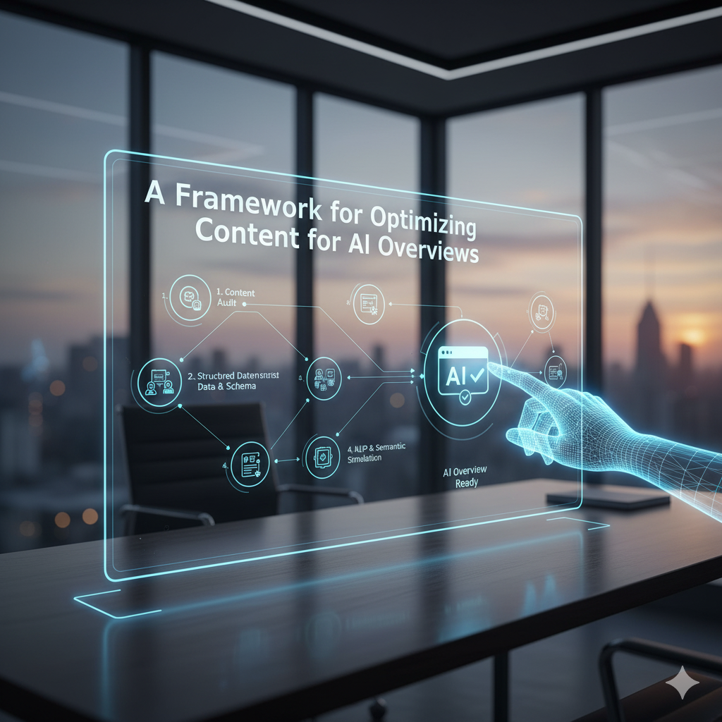 A holographic display showing a clear framework titled "A Framework for Optimizing Content for AI Overviews." The visual includes interconnected steps or modules like "Content Audit," "Structured Data & Schema," and "NLP & Semantic Simulation," leading to an "AI Overview Ready" indicator, with a wireframe hand interacting with the display.
