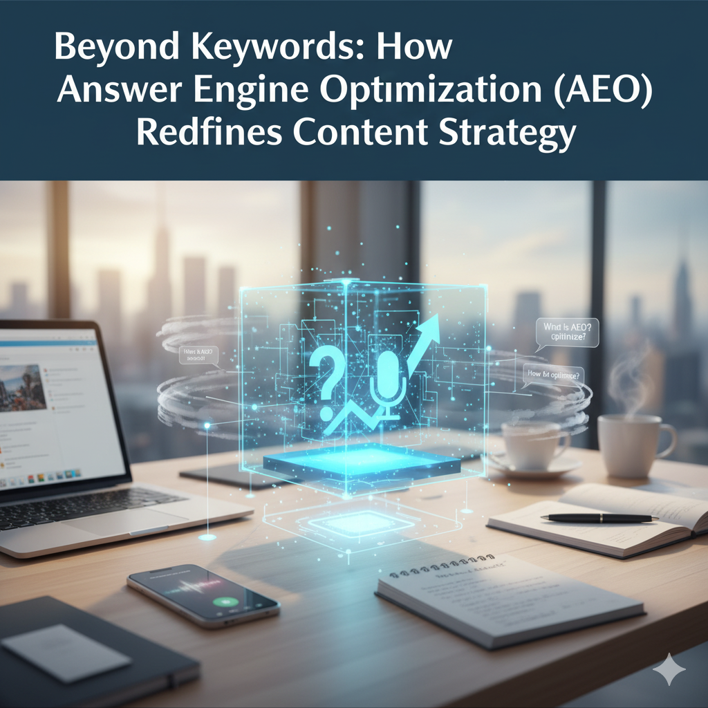 A desk setup with a laptop, smartphone, and notebook, featuring a holographic display with a question mark, microphone icon, and upward-trending arrow, representing Answer Engine Optimization (AEO) and its impact on content strategy.