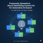 Infographic with large question mark and answer icons, illustrating a collection of Frequently Asked Questions and solutions for optimizing content for Generative AI Search and AI Overviews