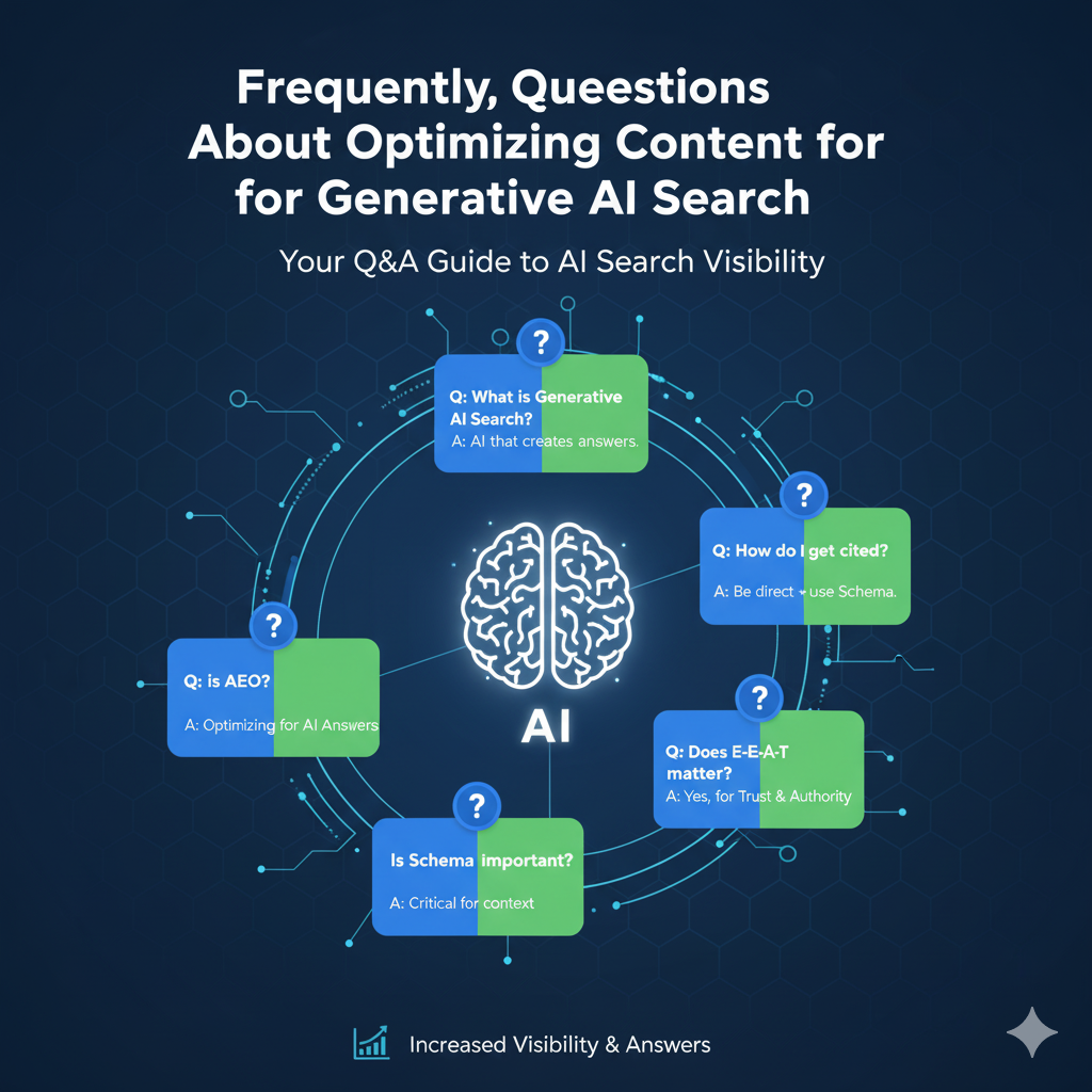 Infographic with large question mark and answer icons, illustrating a collection of Frequently Asked Questions and solutions for optimizing content for Generative AI Search and AI Overviews