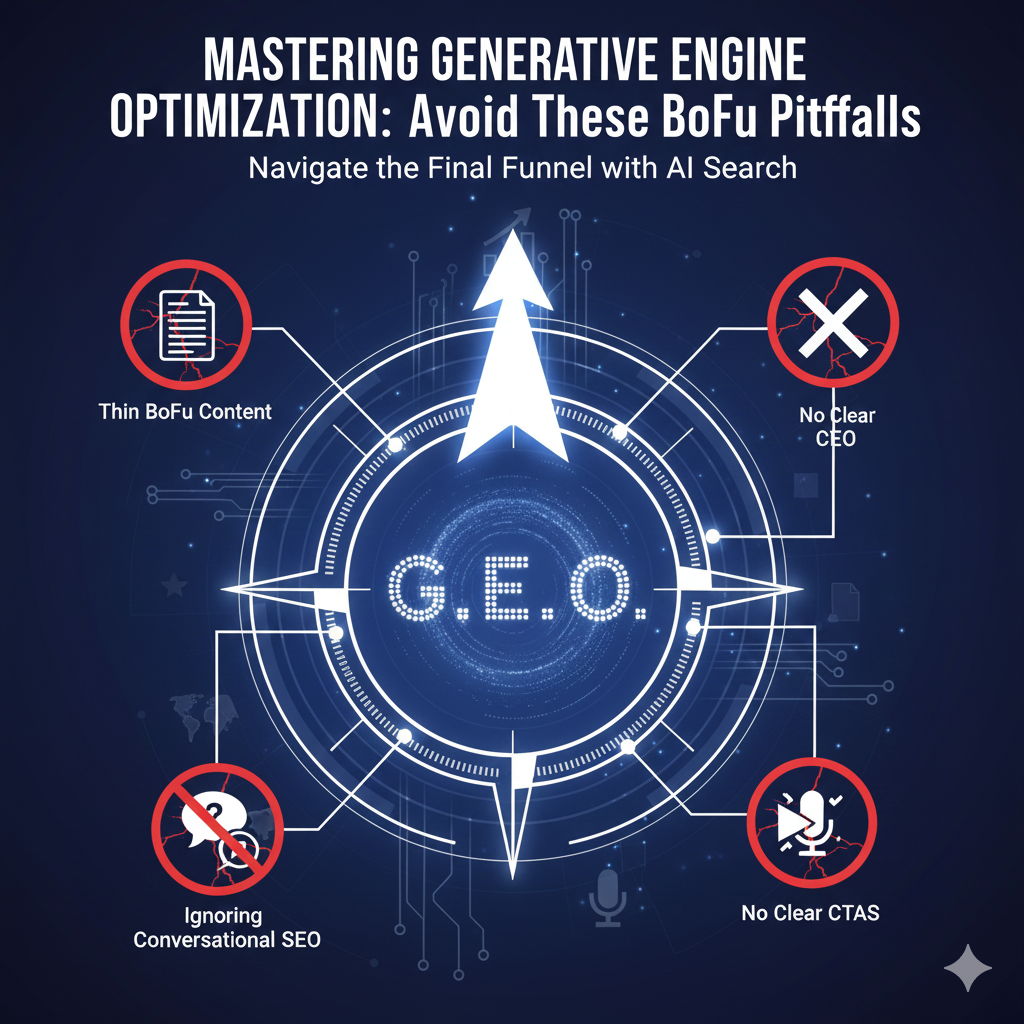 Digital compass graphic pointing upwards with a central "G.E.O." label, surrounded by icons indicating pitfalls like "Thin BoFu Content" and "Ignoring Conversational SEO," symbolizing navigation to avoid common Generative Engine Optimization challenges.