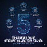 Digital brain graphic connected to search and optimization icons, symbolizing the Top 5 Answer Engine Optimization (AEO) strategies and future-proofing content for AI search in 2026.
