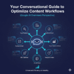 "Diagram illustrating an optimized conversational content workflow integrating Google AI Overviews, showing steps like research, creation, and refinement, all guided by a central AI assistant."