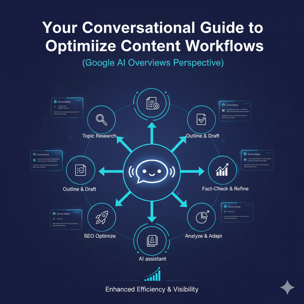 "Diagram illustrating an optimized conversational content workflow integrating Google AI Overviews, showing steps like research, creation, and refinement, all guided by a central AI assistant."