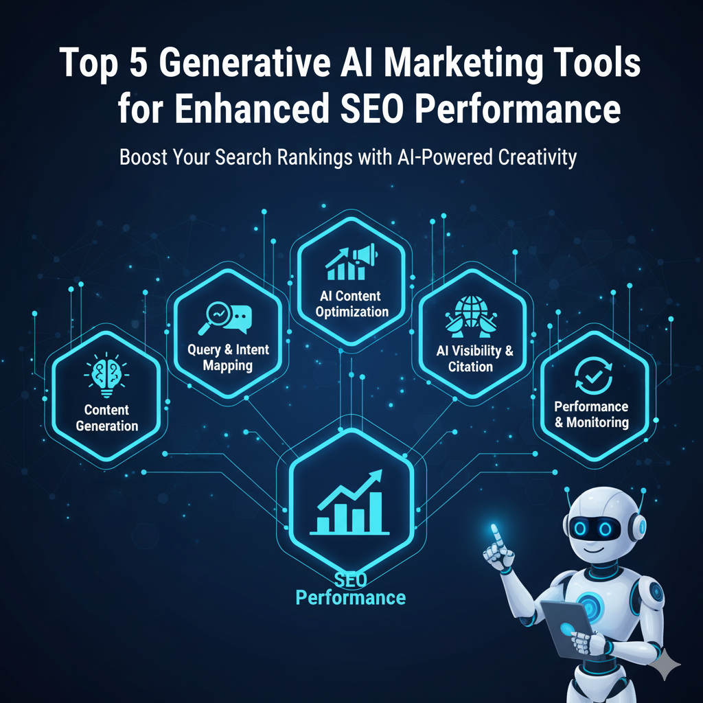 A graphic showing five stylized icons or digital modules, representing the top generative AI marketing tools used to enhance SEO and digital performance.