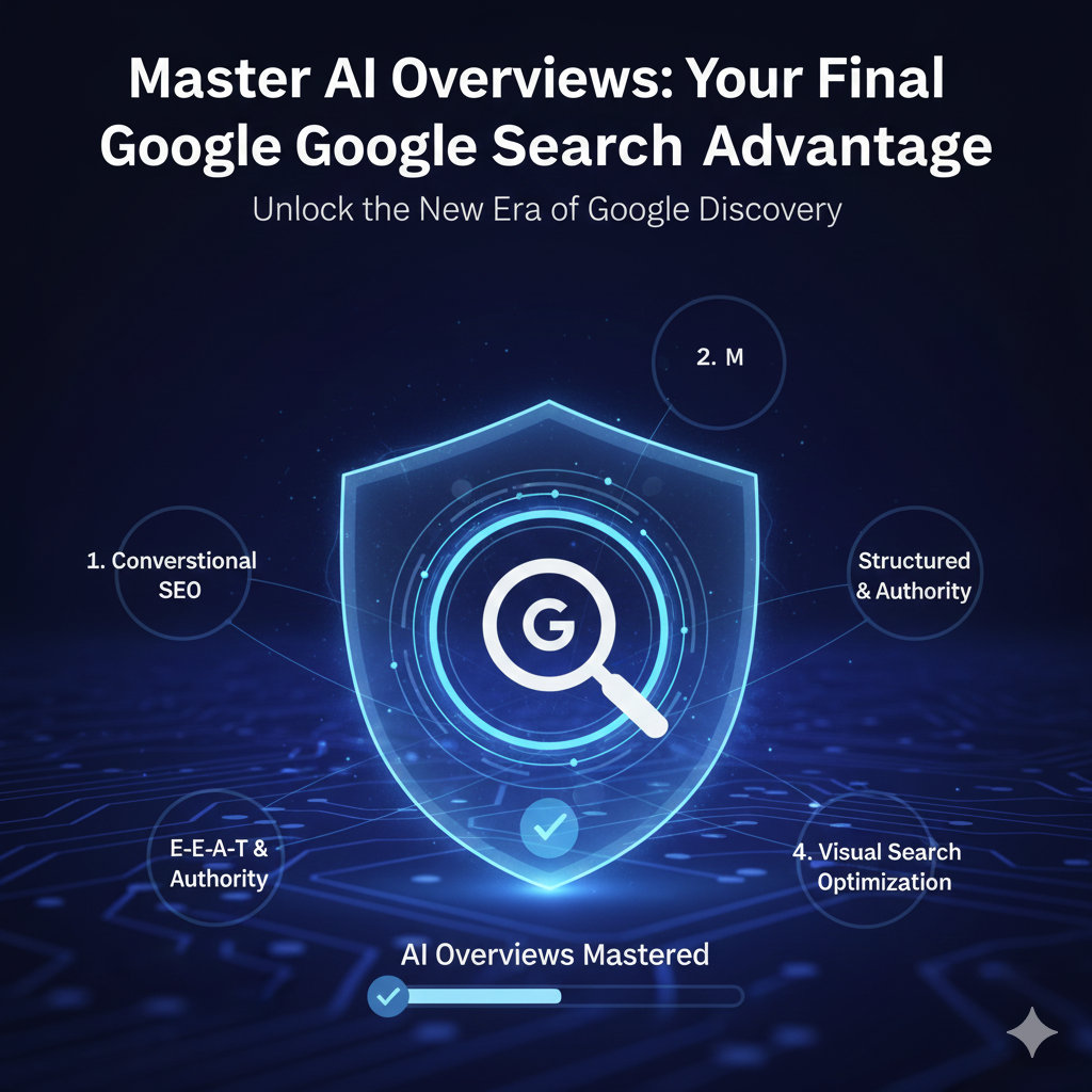 Digital brain graphic connected to search and globe icons, symbolizing the mastery of Google AI Overviews to gain a decisive advantage in the modern search landscape.