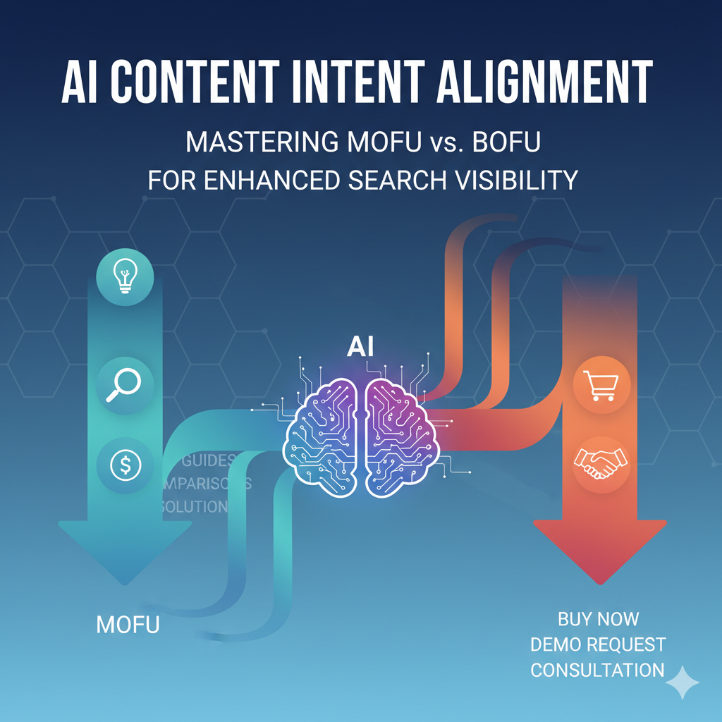 "Diagram illustrating AI content intent alignment that uses an AI brain to direct traffic flow for MOFU (Middle-of-Funnel) content like guides and comparisons, versus BOFU (Bottom-of-Funnel) content like 'Buy Now' and 'Demo Request,' for enhanced search visibility."