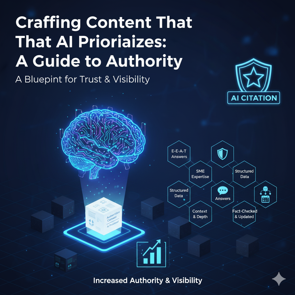 Diagram showing authoritative content being selected and prioritized by a glowing AI brain or filter, illustrating the process of achieving citations in generative search by focusing on expertise and quality