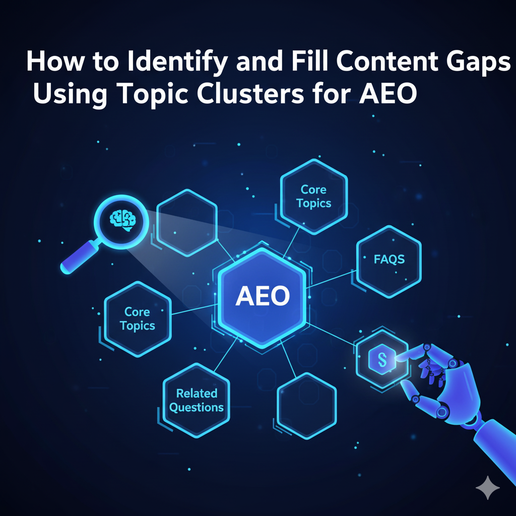 A visual representation of topic clustering where a missing piece (a content gap) is identified within a content cluster network, and a perfectly shaped, structured answer piece is being placed to fill the gap for optimal AEO (Answer Engine Optimization).