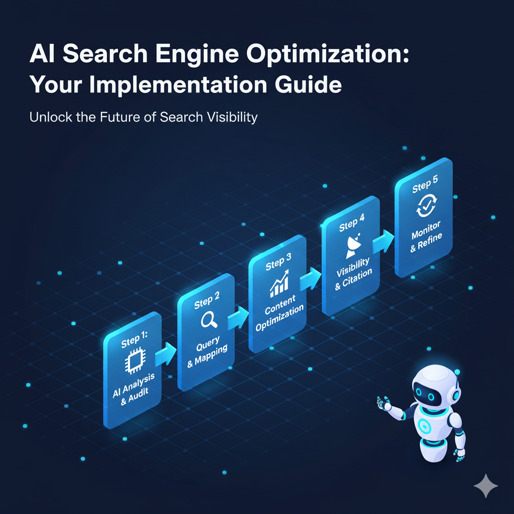 Digital isometric diagram illustrating the staged implementation process for AI Search Engine Optimization (AI SEO), showing steps that progress towards a successful outcome, guided by artificial intelligence principles.
