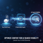 Digital brain graphic with circuit lines connecting to spheres that represent search, optimization, and content signals, symbolizing the process of optimizing content for high AI search visibility.