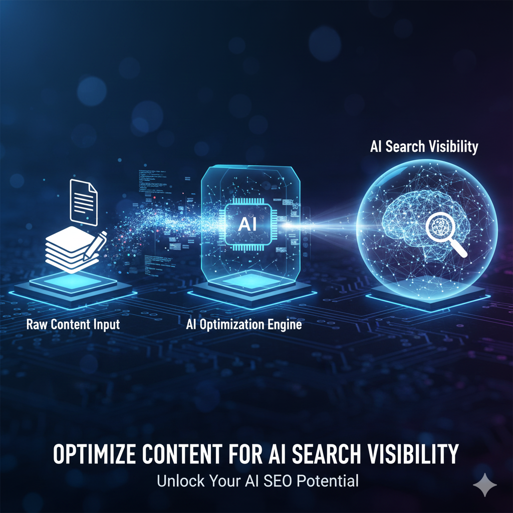 Digital brain graphic with circuit lines connecting to spheres that represent search, optimization, and content signals, symbolizing the process of optimizing content for high AI search visibility.