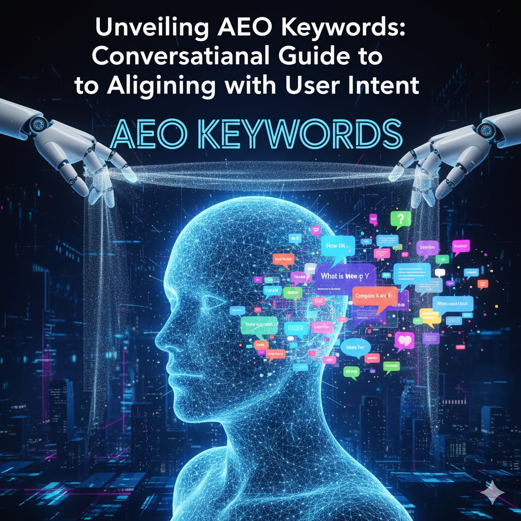 A spotlight shines on a complex, three-dimensional geometric structure, representing AEO keywords and user intent, being unveiled from behind a curtain of fog. The image features conversation bubbles or question marks integrated into the structure, symbolizing the shift to conversational search and user intent alignment.