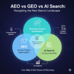 Digital brain graphic connected to search and optimization icons, symbolizing the comparison and navigation between AEO (Answer Engine Optimization), GEO (Generative Engine Optimization), and the broader AI Search landscape.