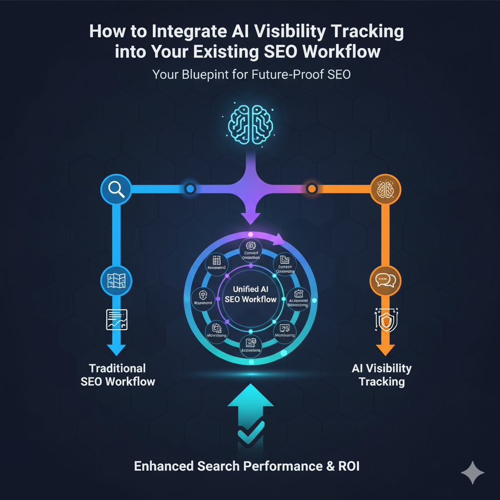 The alt text describes a visual that clearly shows the fusion of traditional SEO processes with new AI tracking methods (AEO). Alt Text Suggestion: "Diagram illustrating the integration of AI Visibility Tracking (AEO) metrics, such as citation proof, into an existing SEO workflow, showing the fusion of ranking data with AI citation scorecards."