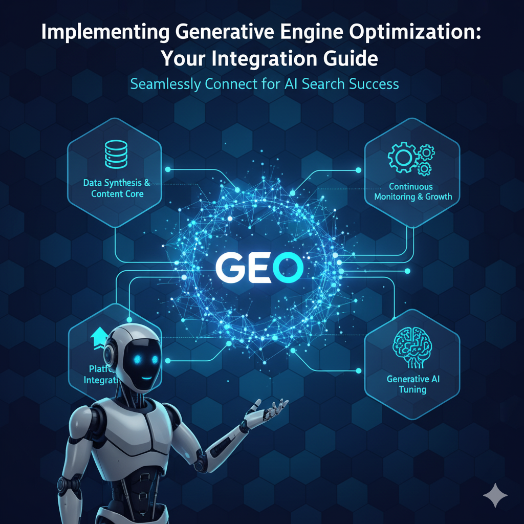 Abstract digital graphic showing data streams and connections flowing into a central AI structure, symbolizing the successful integration of Generative Engine Optimization (GEO) principles guided by an artificial intelligence system.