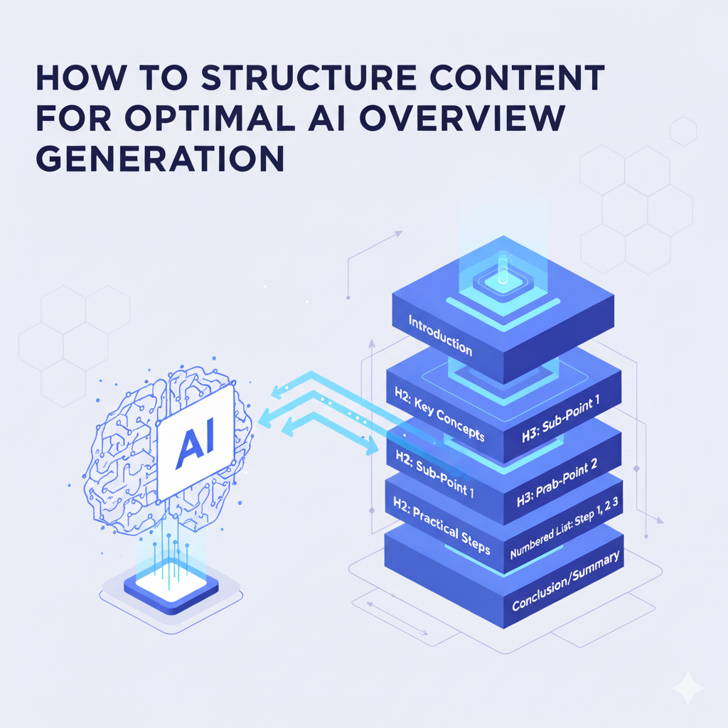 "An isometric illustration showing a stylized AI brain on the left connecting via arrows to a stack of content blocks on the right. The blocks represent a structured article with labels like 'Introduction', 'H2: Key Concepts', 'H3: Sub-Point 1', 'H2: Sub-Point 1', 'H3: Prab-Point 2', 'H2: Practical Steps', 'Numbered List: Step 1, 2, 3', and 'Conclusion/Summary'. The overall title above reads 'HOW TO STRUCTURE CONTENT FOR OPTIMAL AI OVERVIEW GENERATION'."