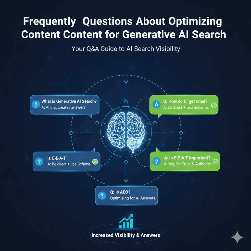 "Infographic illustrating a stack of Frequently Asked Questions or Q&A icons, representing content optimization tips for Generative AI Search, specifically targeting AI Overviews and achieving visibility."