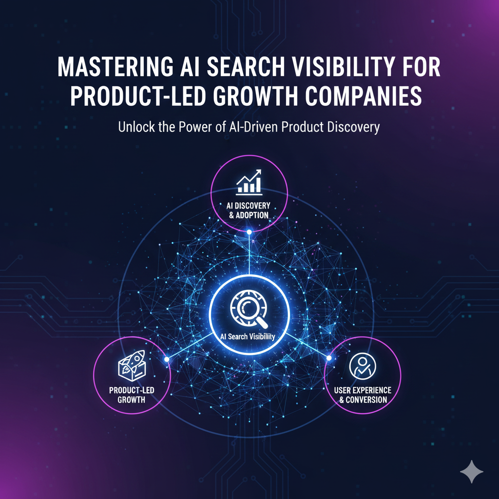 Digital brain graphic with search and growth icons, symbolizing the mastery of AI search visibility and optimization strategies for Product-Led Growth (PLG) companies.