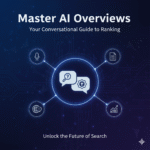 Digital graphic featuring two connected speech bubbles with search and gear icons, surrounded by other icons for microphone, document, globe, and graph, symbolizing a conversational guide to mastering AI Overviews and ranking in AI search.