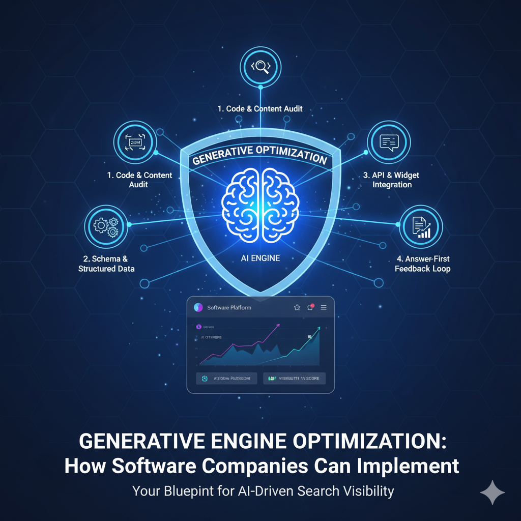 Diagram illustrating the framework for Generative Engine Optimization (GEO) implementation, showing a software interface or code being optimized to earn AI citations in generative search for software companies.