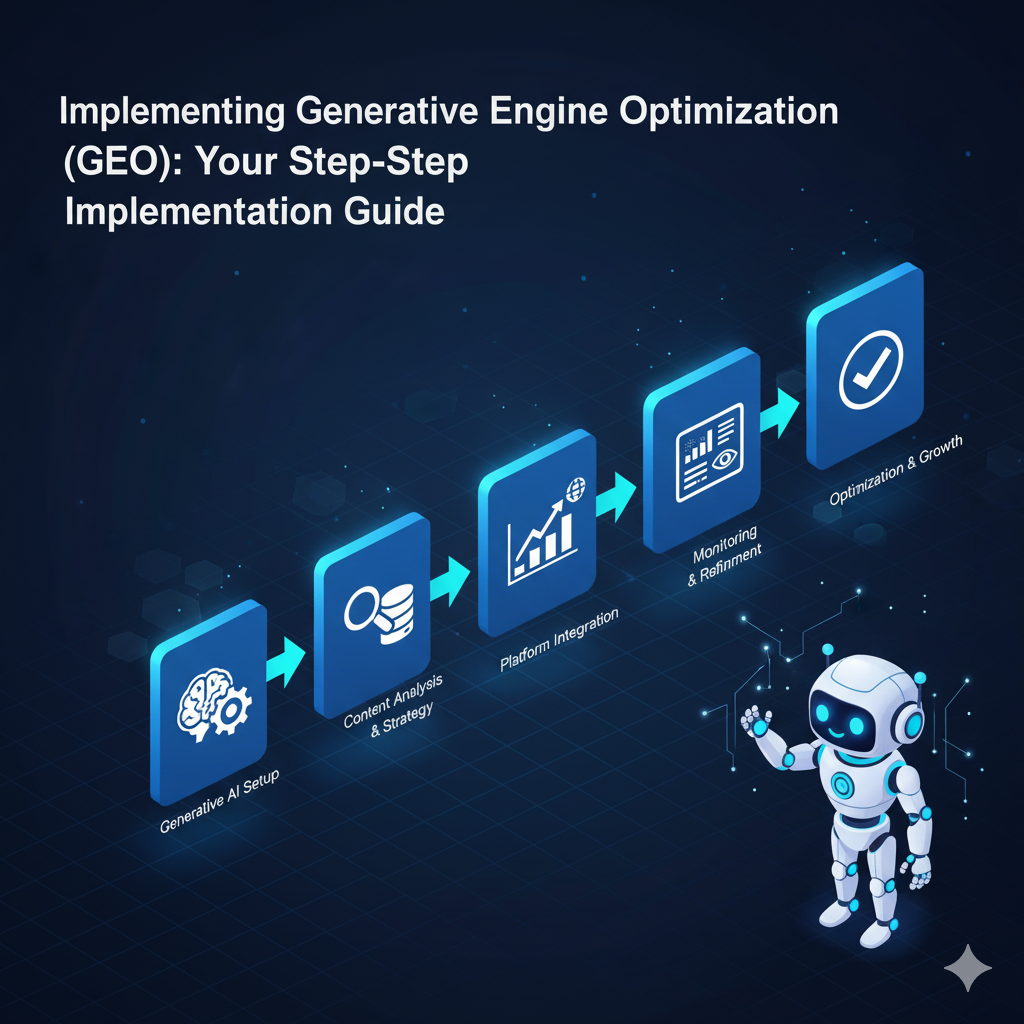 Isometric step-by-step diagram showing the Generative Engine Optimization (GEO) implementation process, illustrating the progression from foundational concepts (like a brain/data) through growth to the final successful optimization (checkmark), overseen by a supportive AI robot.