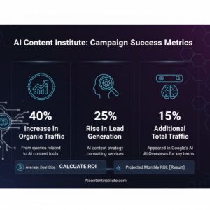 An infographic titled "SEMAI: Campaign Success Metrics" displaying three key results: "40% Increase in Organic Traffic" from AI content tools, "25% Rise in Lead Generation" for AI content strategy consulting, and "15% Additional Total Traffic" from appearing in Google's AI Overviews. Below these metrics, there's an interactive section for an "ROI Calculator" with input fields for "Average Deal Size" and a button to "CALCUATE ROI" leading to "Projected Monthly ROI: [Result]". The website "semai.ai" is at the bottom.