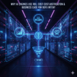 Blog image illustrating the concepts of Return on Investment (ROI) and cost justification, featuring graphs and financial data being analyzed by a glowing artificial intelligence brain, emphasizing bottom-of-funnel (BOFU) business intent."