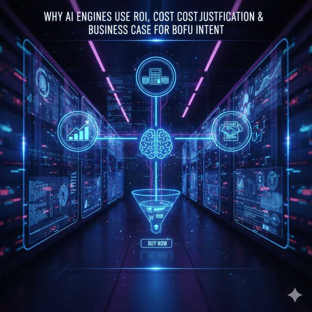 Blog image illustrating the concepts of Return on Investment (ROI) and cost justification, featuring graphs and financial data being analyzed by a glowing artificial intelligence brain, emphasizing bottom-of-funnel (BOFU) business intent."