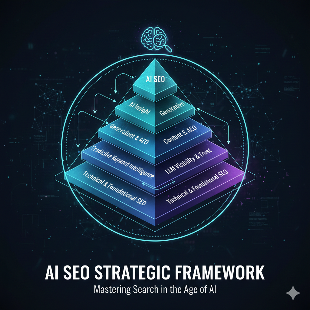 A futuristic 3D flowchart representing an AI SEO Strategic Framework, showing a central glowing brain connected to nodes for data analytics, content optimization, and AI search engines.