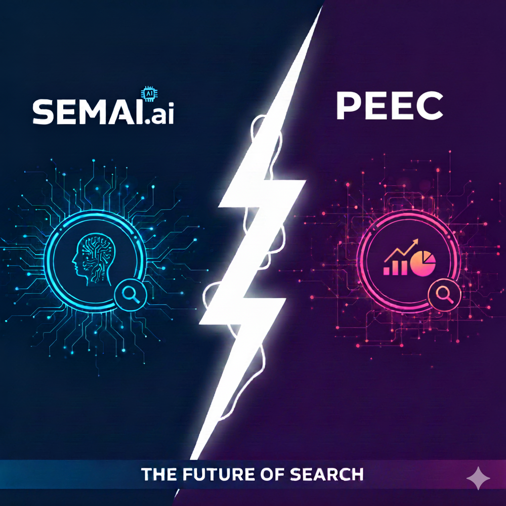 SEMAI vs PEEC logo comparison for a blog post on Generative Engine Optimization (GEO) strategies and AI search visibility.
