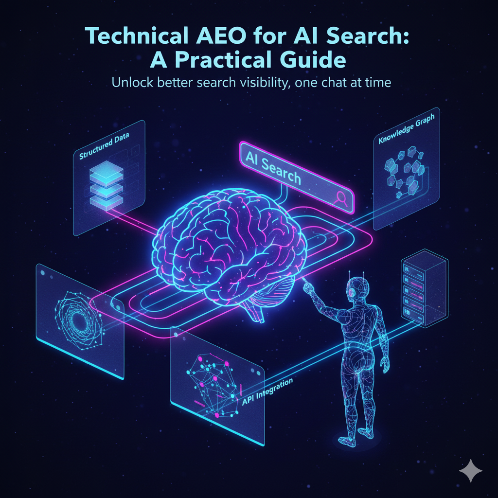 Technical AEO for AI Search illustration showing AI brain connected to structured data, knowledge graph, and API integrations for improved search visibility