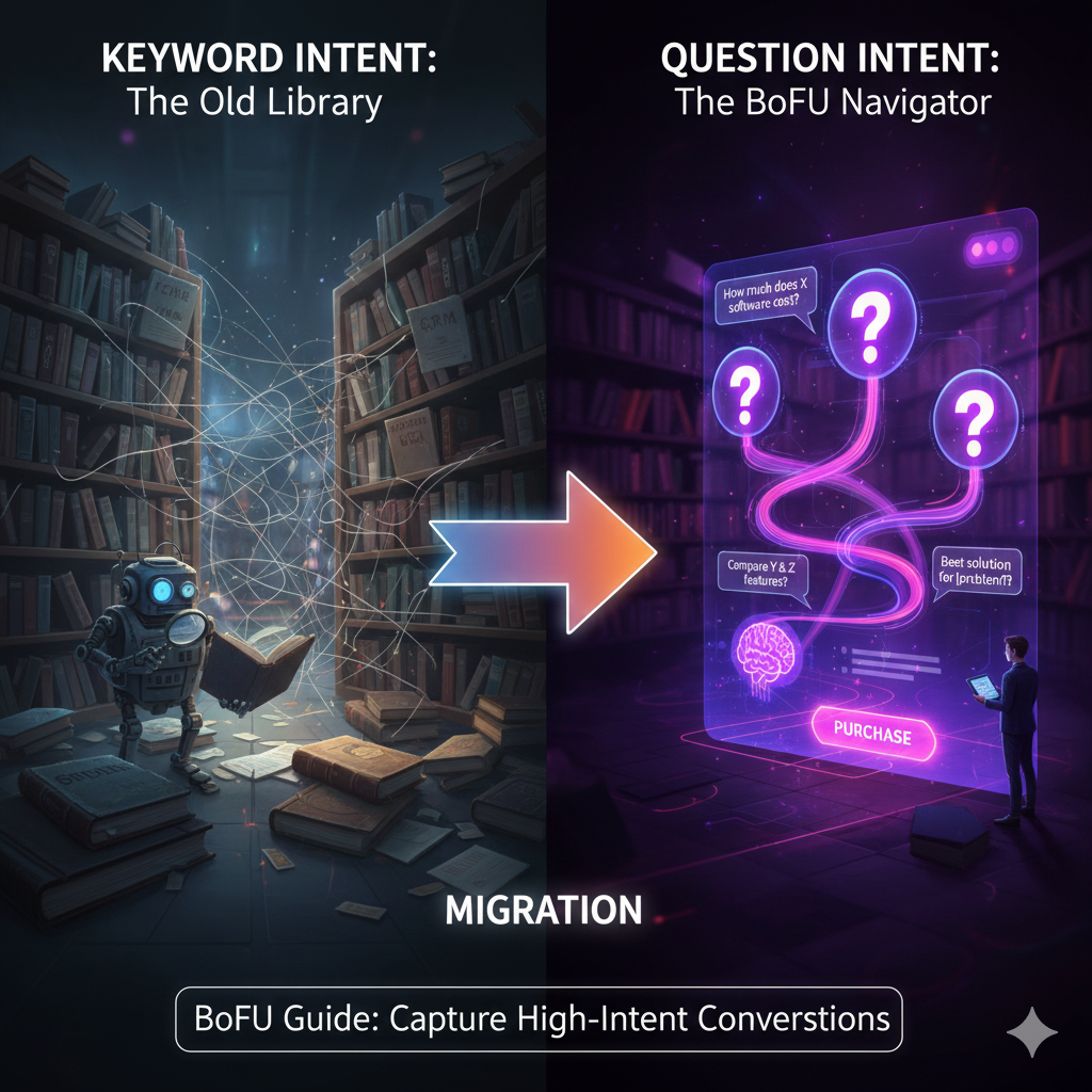 A strategic marketing infographic showing the transition from "Keyword Intent" to "Question Intent." On the left, a single, simple keyword bubble represents traditional SEO. A glowing arrow leads to the right, where a complex, multi-layered question and a direct, comprehensive answer box are highlighted. The visual uses a professional deep-blue and gold color palette, symbolizing high-value Bottom-of-the-Funnel (BoFU) conversion stages.