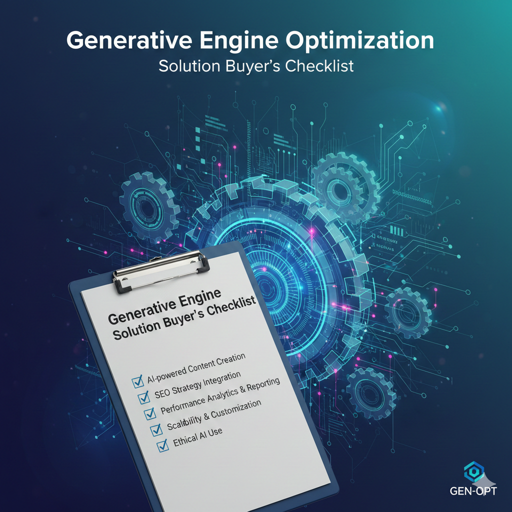 Alt Text An infographic-style blog header for a "Generative Engine Optimization Solution Buyer's Checklist." The image features a sleek clipboard in the foreground with a checked list including AI-powered Content Creation, SEO Strategy, and Ethical AI Use. The background is a high-tech teal and blue digital landscape with glowing gears, circuit patterns, and holographic data visualizations.