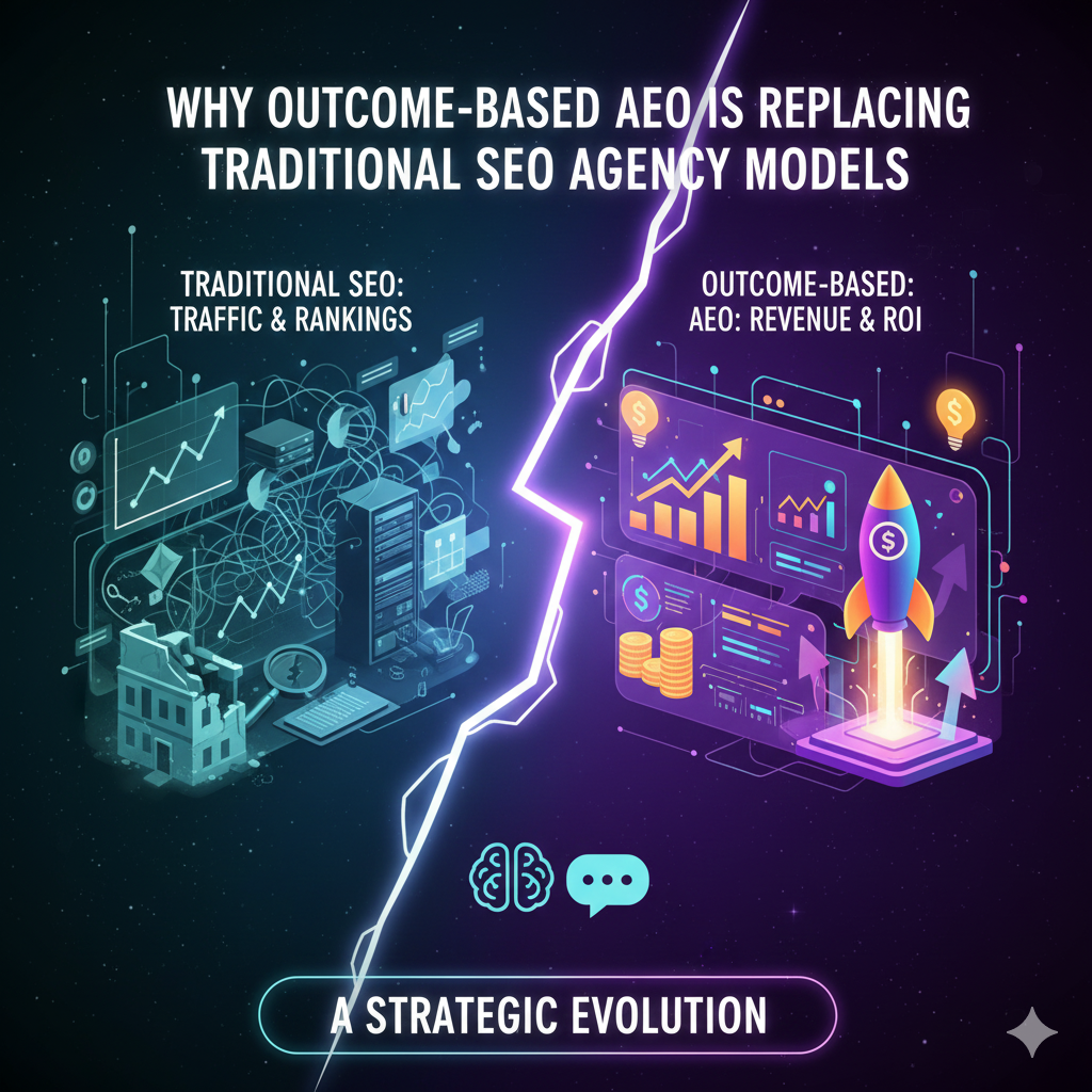 A conceptual image comparing a traditional SEO agency model with a modern Outcome-Based AEO model. On one side, old-fashioned clocks and spreadsheets represent "hours worked" and "manual tasks." On the other side, glowing upward-trending graphs, checkmarks, and a digital brain represent "business results," "revenue growth," and "AI-driven answers." The background is a sleek, professional dark gradient with neon accents, emphasizing a shift toward performance-driven marketing.