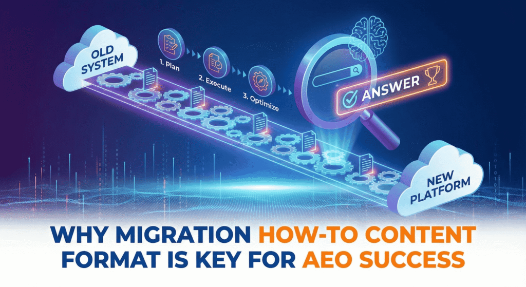 "Digital blog header illustration titled 'Why Migration How-To Content Format is Key for AEO Success,' featuring a step-by-step checklist and data streams flowing into a central AI search hub, representing structured content optimization for Answer Engines."
