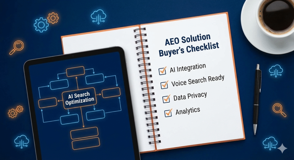 A professional digital illustration featuring a glowing holographic checklist with green verification tick marks, symbolizing a strategic selection process. The background depicts abstract data streams and AI circuitry. Text overlay reads: 'Your Ultimate Buyer's Checklist for Choosing the Right AEO Solution