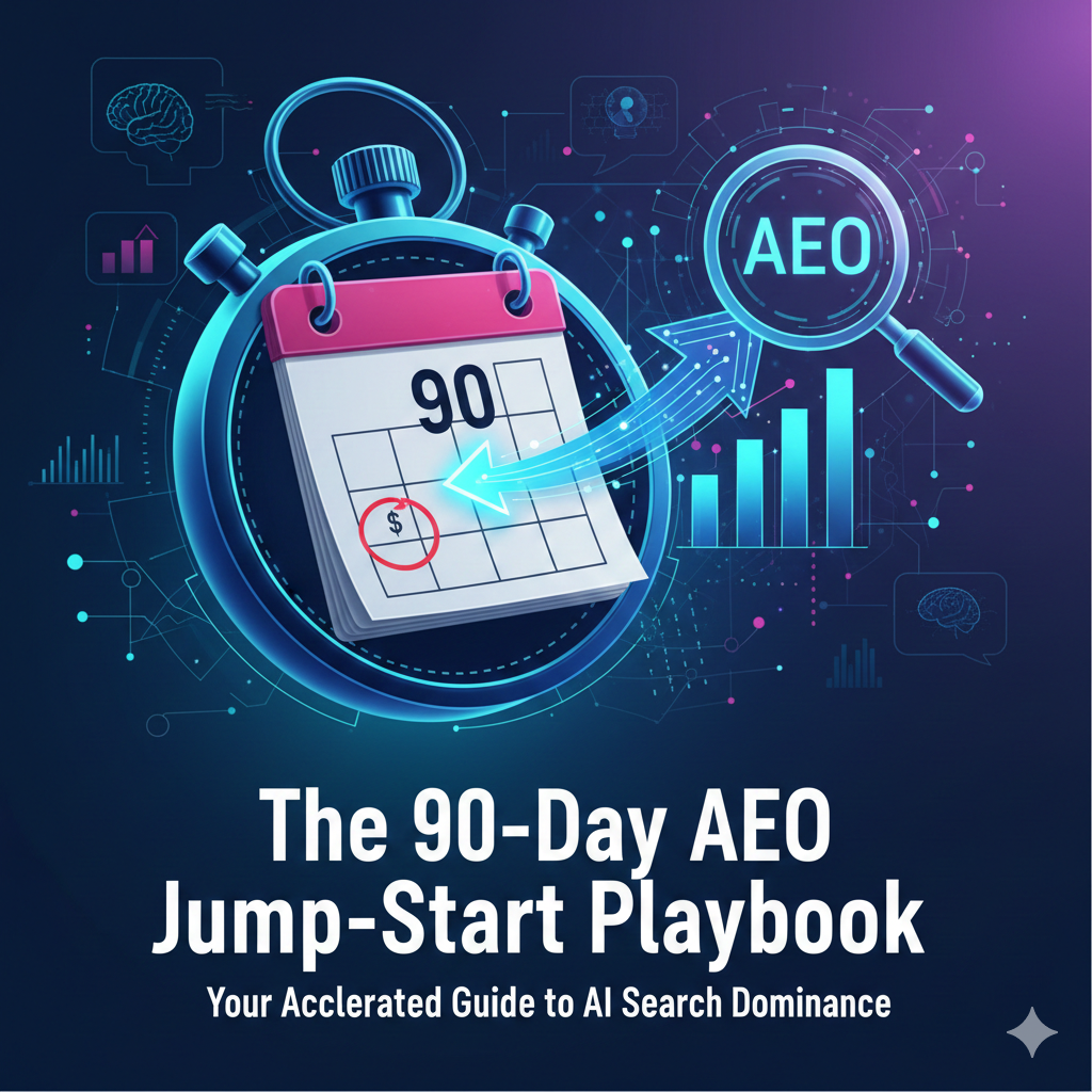 A professional blog header image for "The 90-Day AEO Jump-Start Playbook" featuring a high-tech calendar and a rocket ship launching from a digital dashboard, symbolizing rapid growth in Answer Engine Optimization.