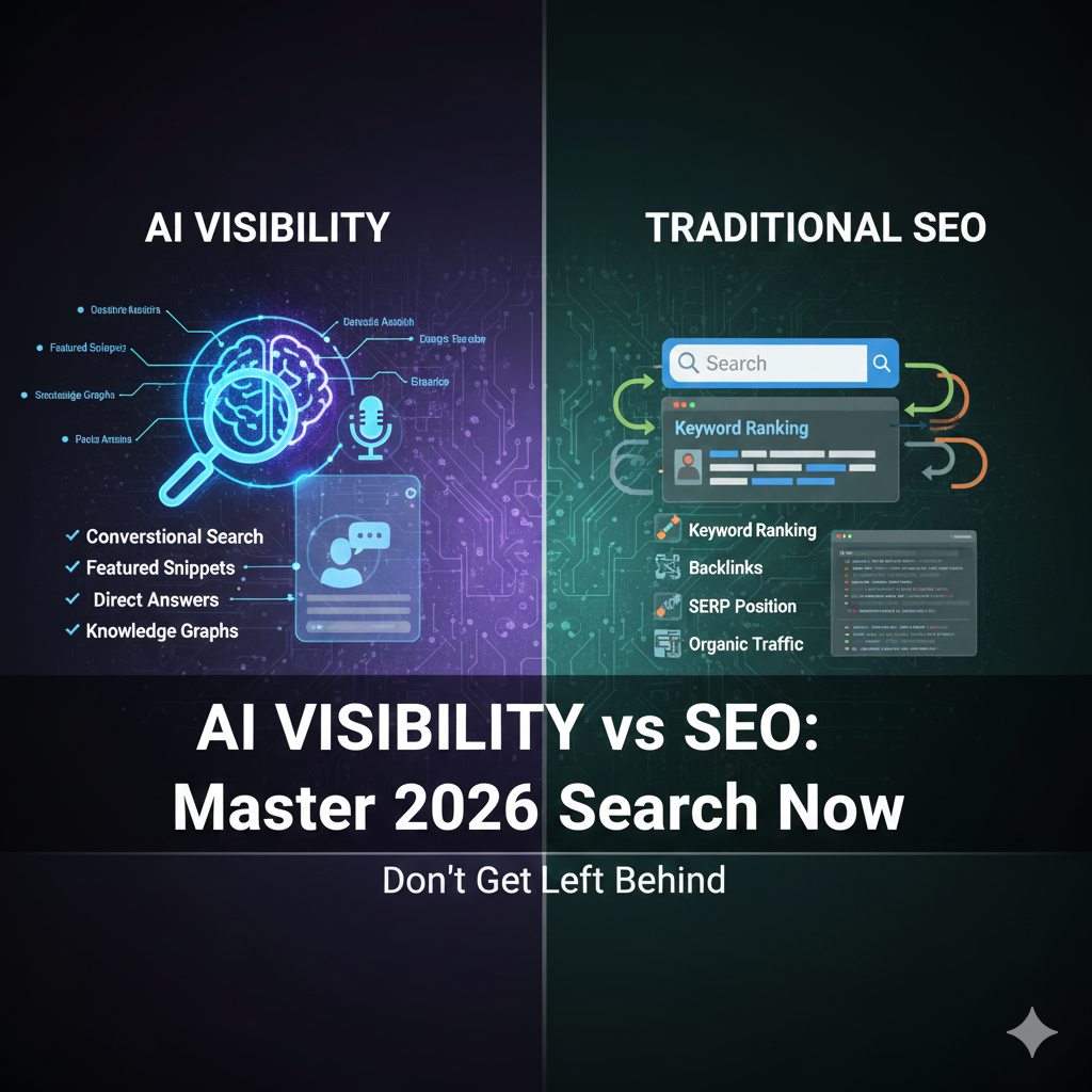 Abstract, futuristic visual comparing AI Visibility and traditional SEO, showing a clear pathway towards mastering 2026 search with glowing digital elements and symbols representing technology and data.