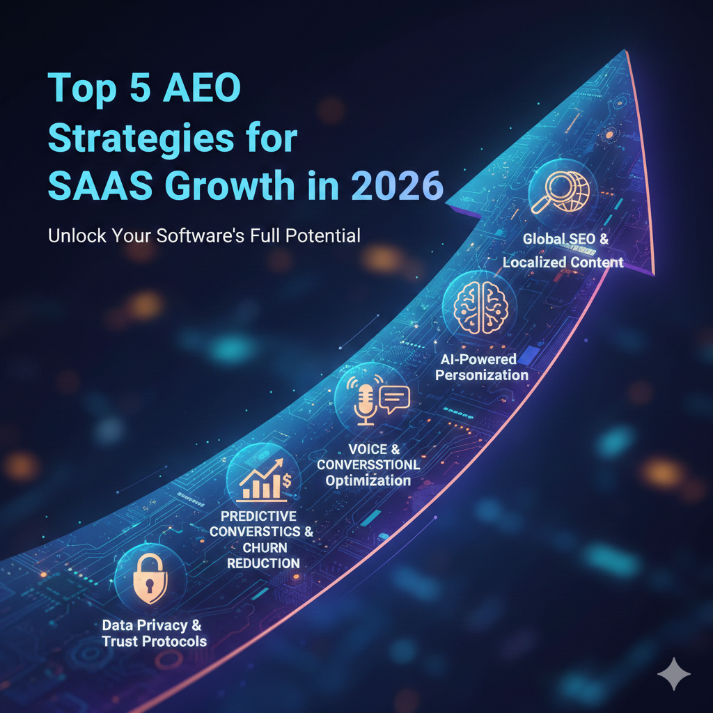 Visual representation of the 5 top AEO strategies for SaaS growth, including AI, SEO, and Data Privacy."