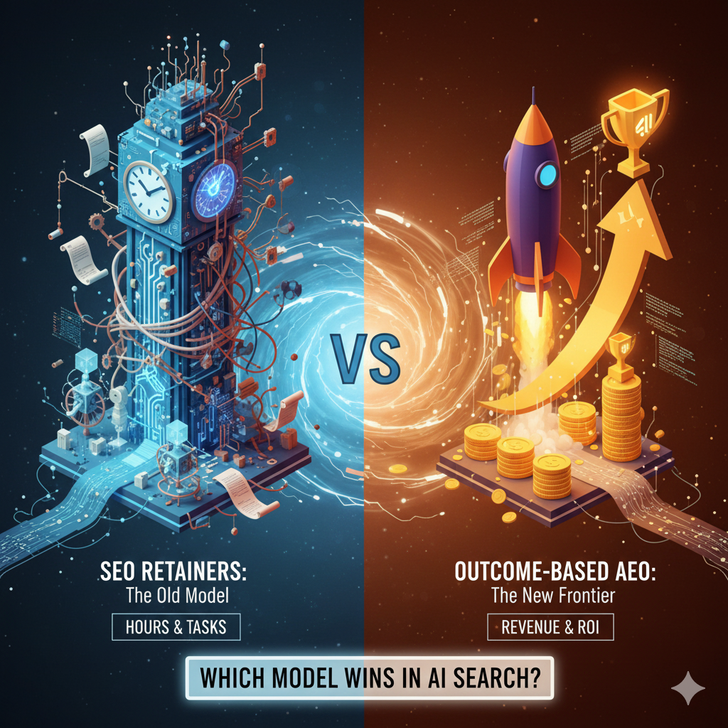 A high-tech split-screen comparison graphic. The left side is titled "ENTITY-FIRST SEO" in blue, featuring a glowing geometric pyramid of connected data points symbolizing a Knowledge Graph. The right side is titled "AI-FIRST CONTENT" in red, showing digital circuitry and a robotic hand typing on a laptop with a voice-command icon. A large "VS" separates the two sides, with the footer text reading "A STRATEGIC SHIFT."