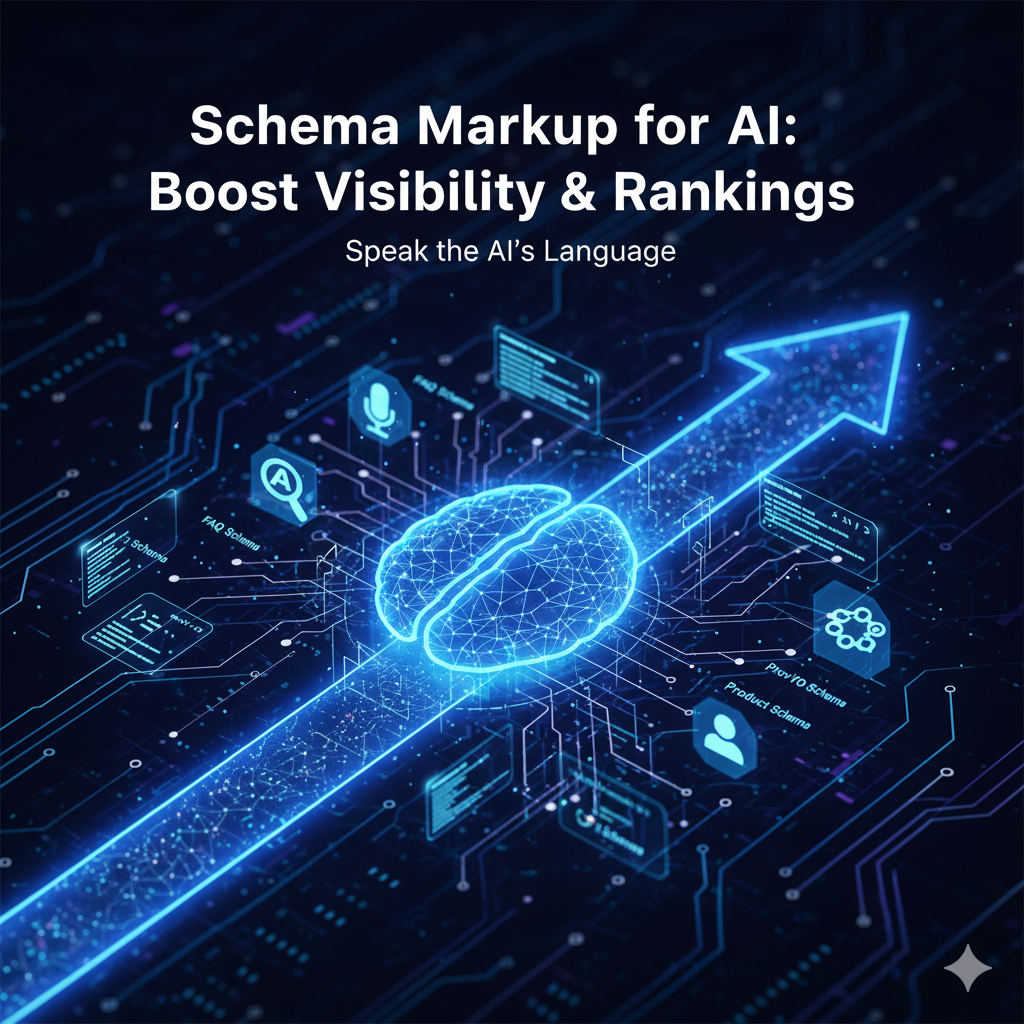 Visual representation of structured data (schema markup) code glowing on a digital screen, symbolizing how it is used to feed information directly to AI for increased search visibility and higher rankings.