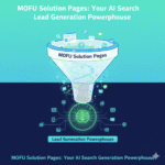 "Blog header for 'MOFU Solution Pages,' illustrating the middle of the marketing funnel with leads flowing from a glowing AI search interface into solution pages, symbolizing effective AI-driven lead generation."