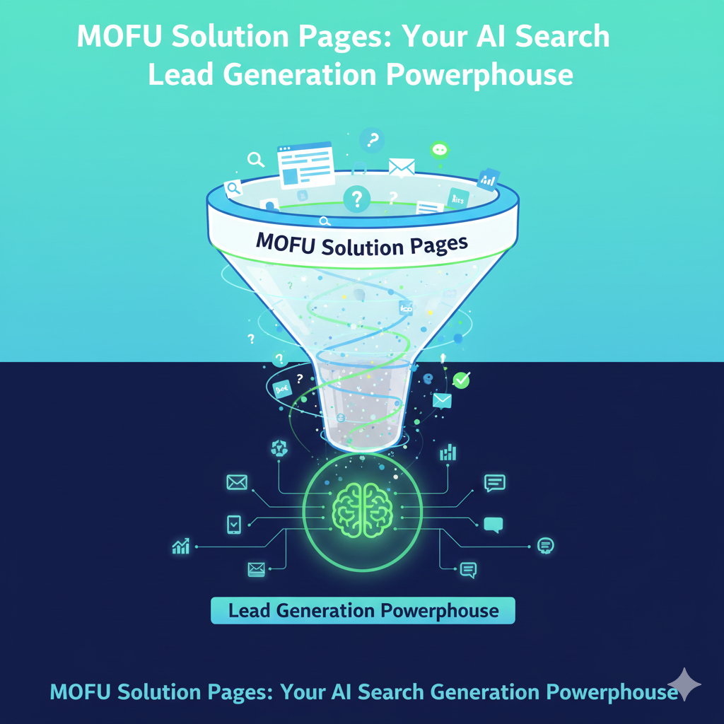 "Blog header for 'MOFU Solution Pages,' illustrating the middle of the marketing funnel with leads flowing from a glowing AI search interface into solution pages, symbolizing effective AI-driven lead generation."