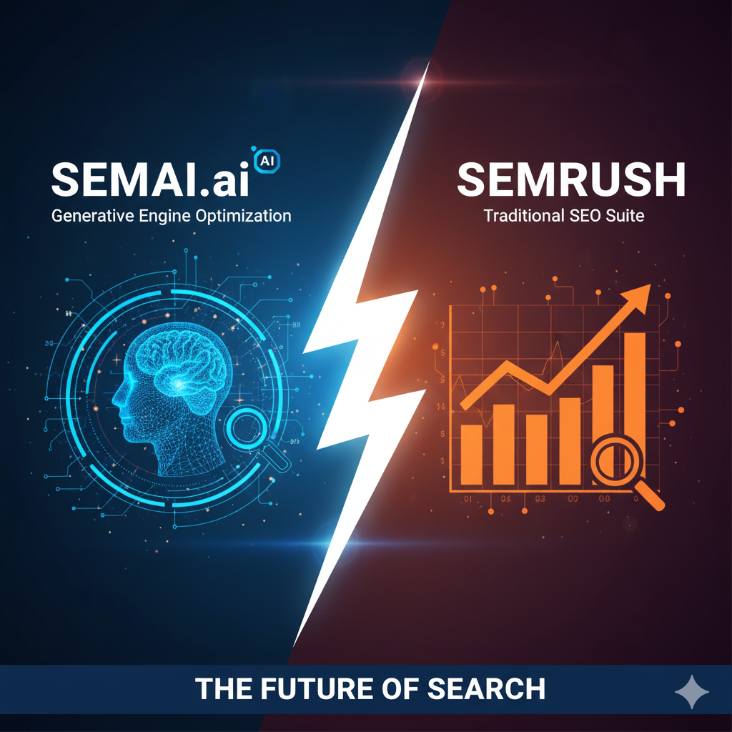 SEMAI.ai vs Semrush comparison header image showing the transition from traditional keyword research to AI-driven Answer Engine Optimization (AEO).