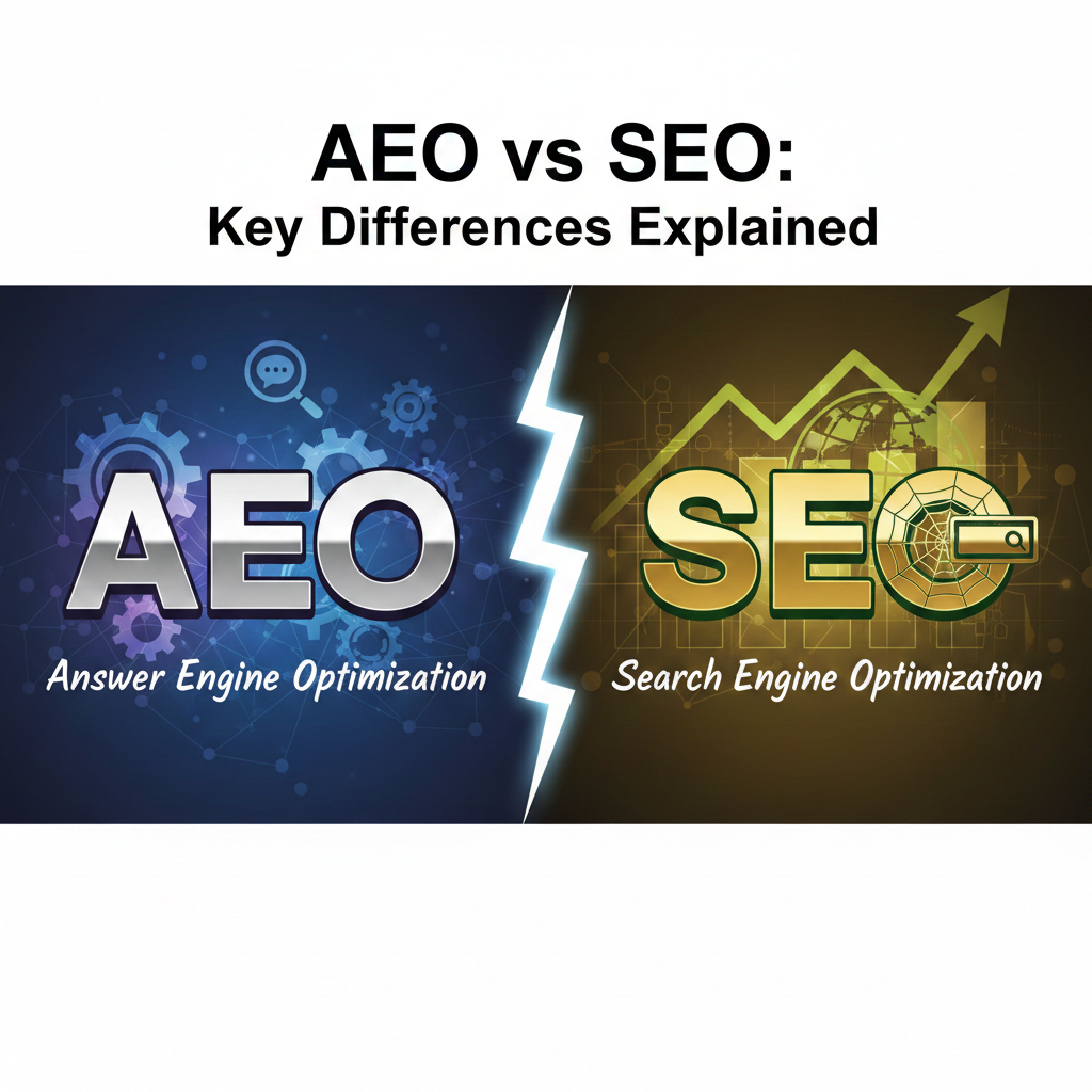 A split-screen comparison graphic titled "AEO vs SEO: Key Differences Explained." The left side features a blue "AEO" (Answer Engine Optimization) section with digital gear icons, representing AI and voice search. The right side features a gold "SEO" (Search Engine Optimization) section with a growth arrow and a web icon, representing traditional search ranking