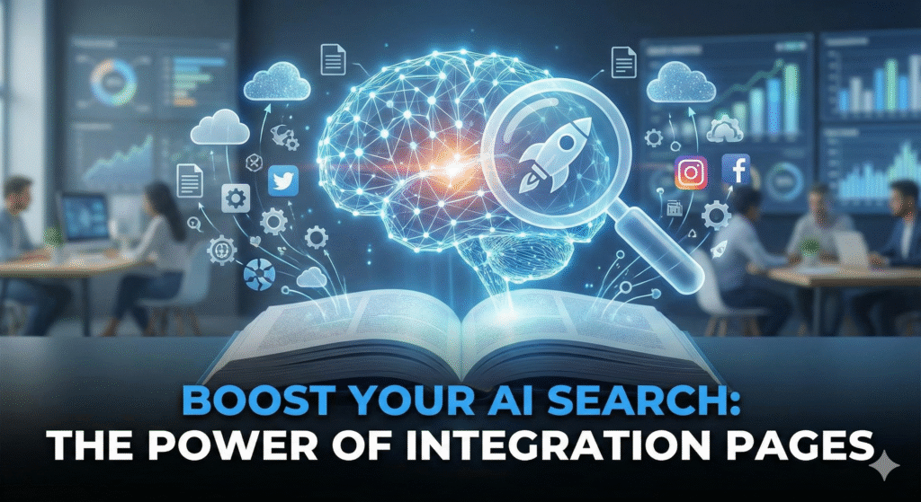 A digital illustration blog header titled "Boost Your AI Search: The Power of Integration Pages," featuring a glowing technological brain, a rocket inside a magnifying glass, and various cloud and social media integration icons hovering above an open book in a modern office setting.