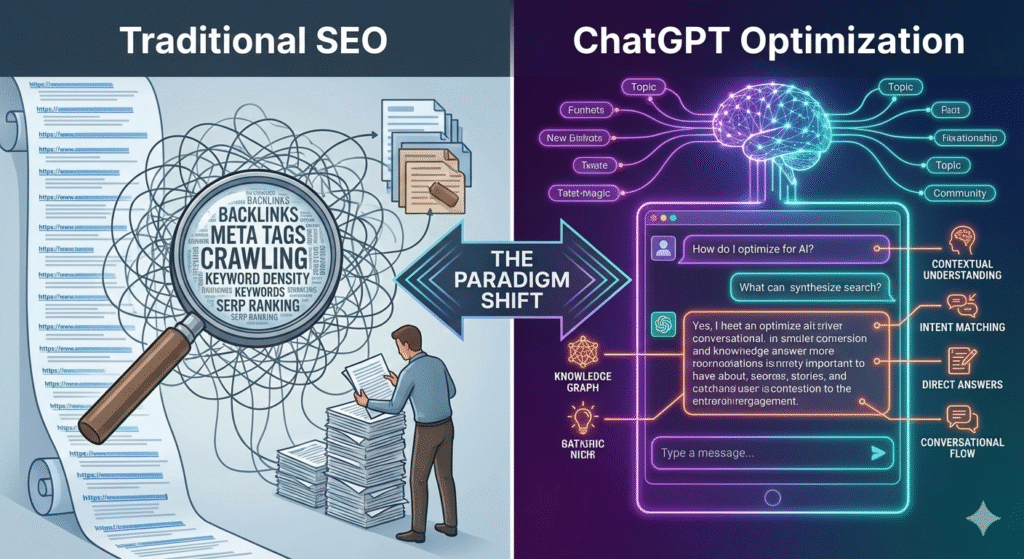 A split-screen illustration comparing Traditional SEO, represented by a standard search results page with a list of links, versus ChatGPT Optimization, represented by an AI chat interface providing a single, direct, and cited answer.
